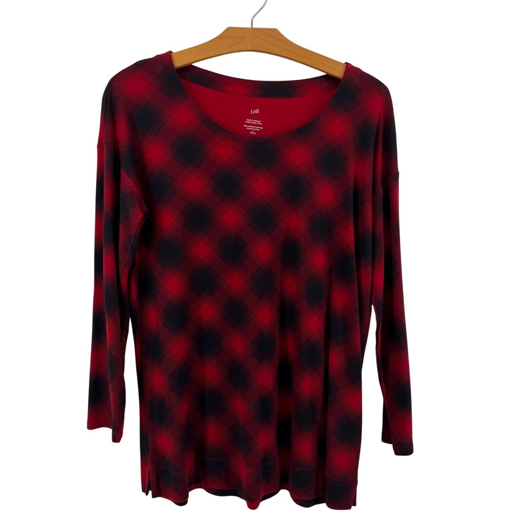 J Jill Tunic Top Women's Petite Small Supima Cotton Red Black Plaid